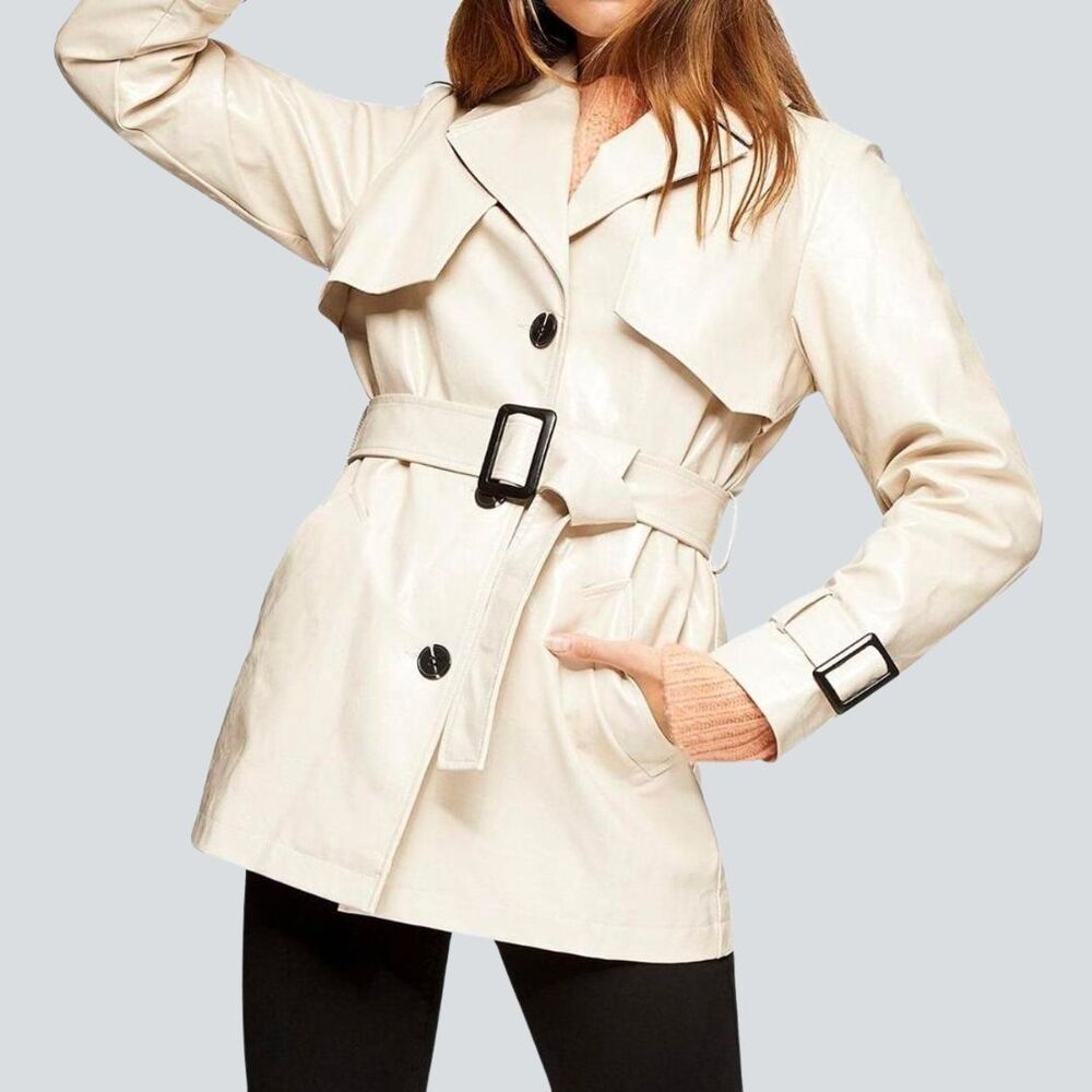 TOPSHOP Women's Glossy Vinyl Mac Trench Coat Light Beige Size 4
